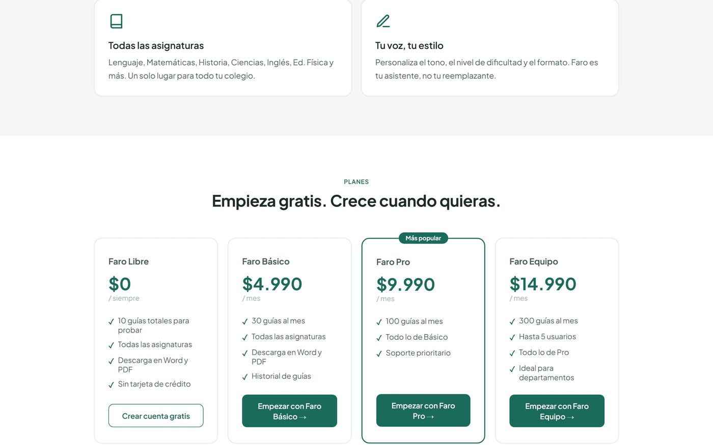 Planes y precios de Faro Educativo